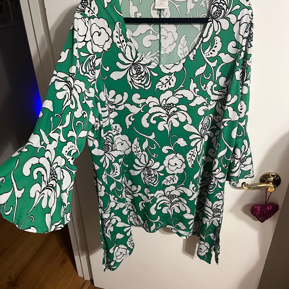Slinky Brand Green and White Floral Blouse